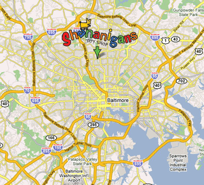 Map of Baltimore showing Shananigans Toy Shop
